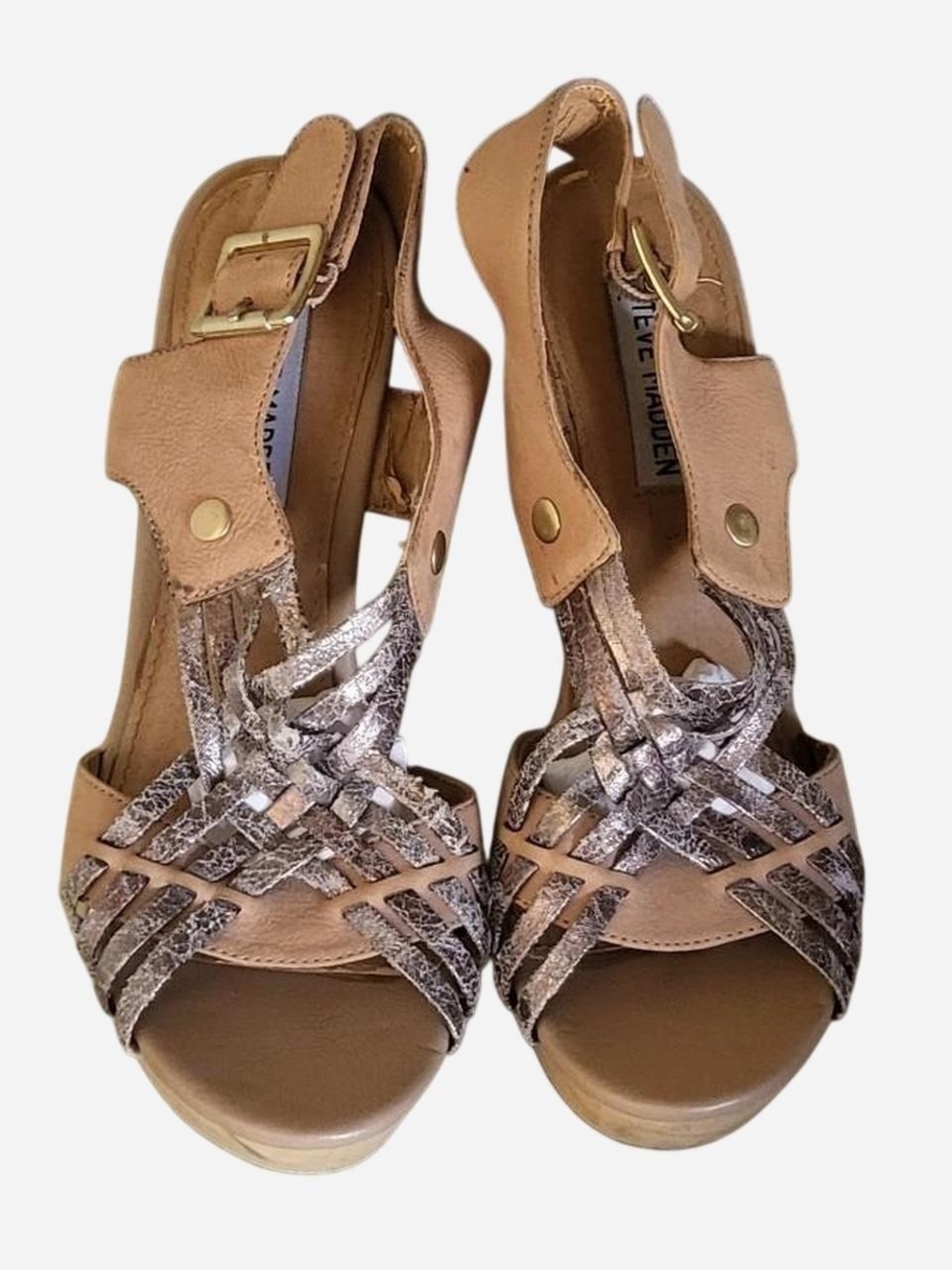 Steve Madden Tan and Metallic Woven Wedge Sandals
